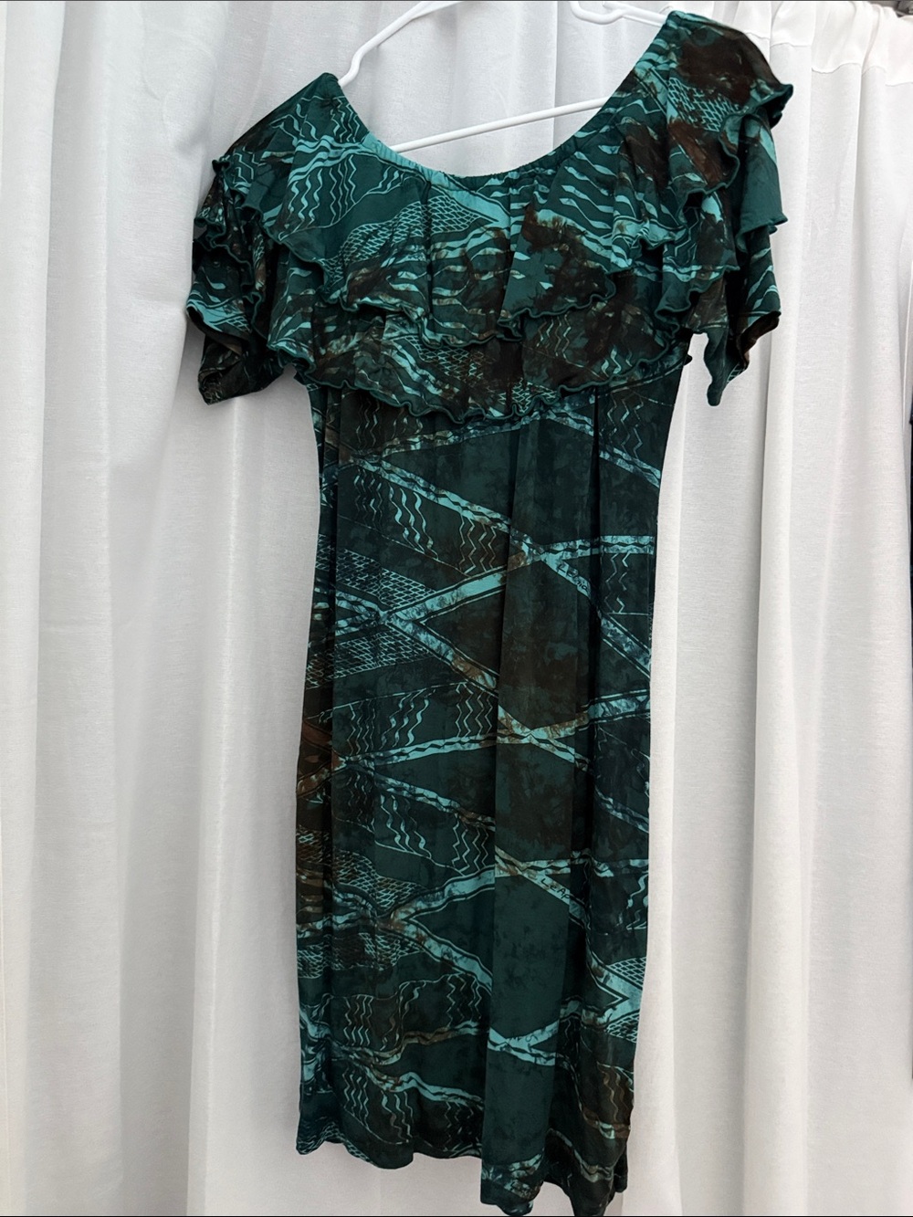 Off-Shoulder Teal Patterned Ruffle Dress Missing Polynesia